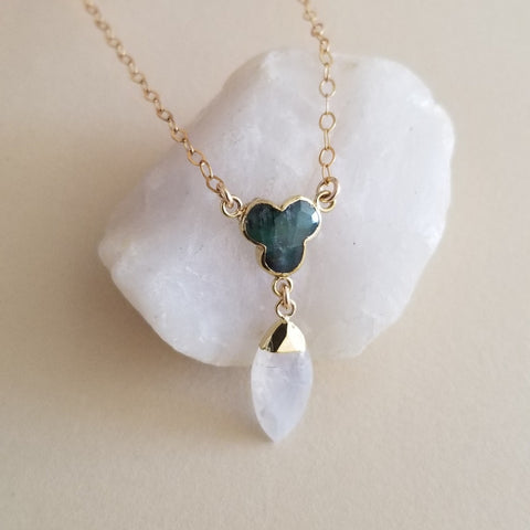 Dainty Gold Emerald and Moonstone Necklace