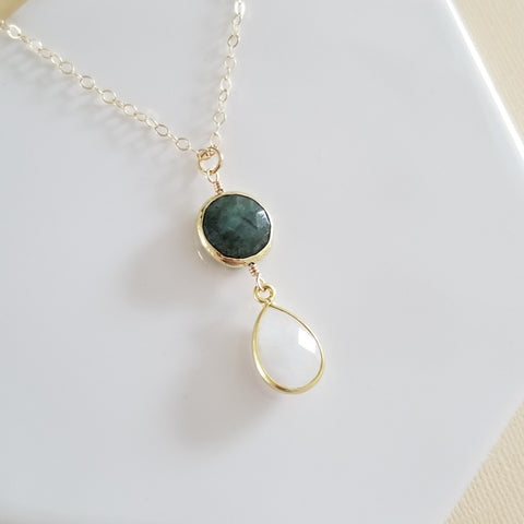 Emerald and Moonstone Pendant Necklace, Dainty Gold Chain Necklace, May Birthstone, Gift for Her, Handmade Gemstone Necklace