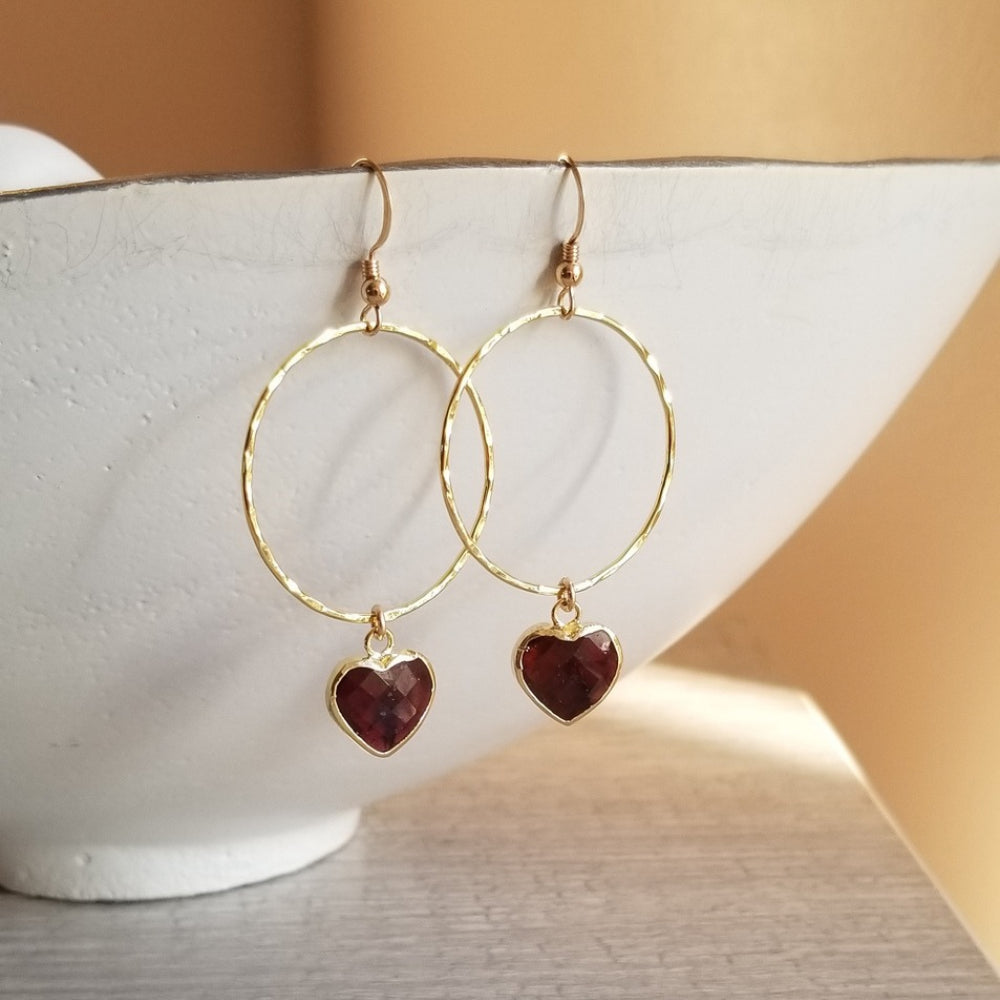 Gold Garnet Hearts Hoop Earrings