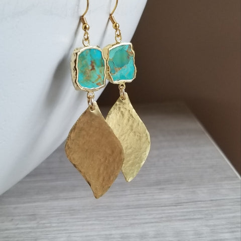 Gold Turquoise Dangle Earrings, Gold Petal Design Earrings, Boho Turquoise Jewelry