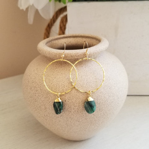 Gold Emerald Hoop Earrings, LIghtweight Boho Hoops