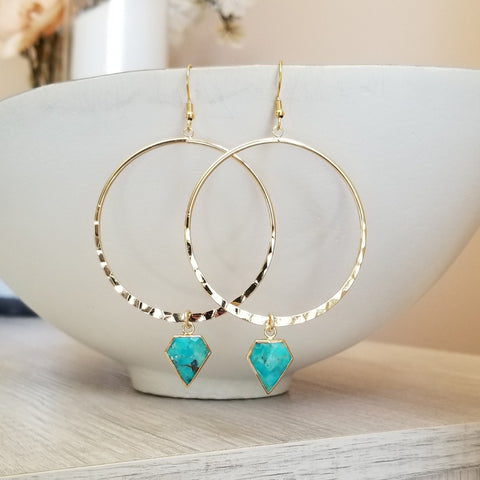 Gold Turquoise Hoop Earrings, Boho Hoops