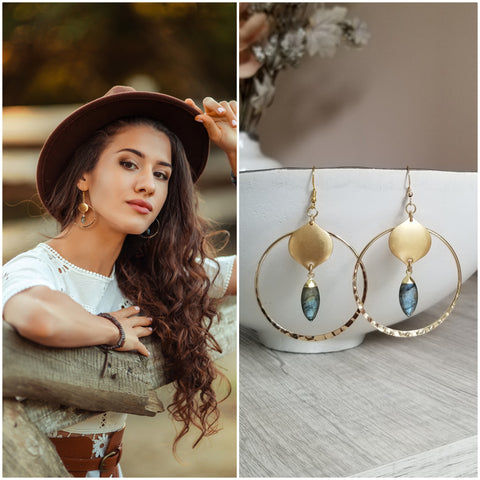 Gold Labradorite Hoop Earrings, Bohemian Gemstone Hoops, Statement Earrings, Geometric Earrings