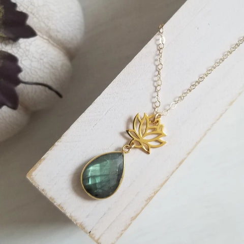 Gold Lotus Flower Necklace with Labradorite Gemstone, Labradorite Pendant Necklace