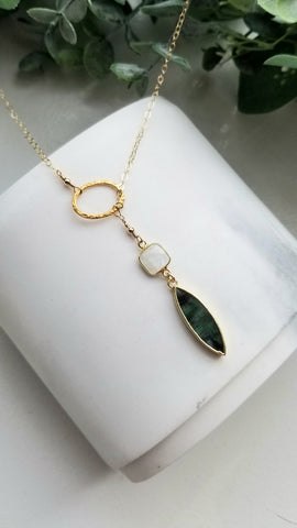 Gold Emerald Necklace, Moonstone Y Necklace, Bohemian Lariat Necklace Handmade in the USA