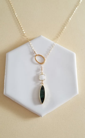 Gold Moonstone and Emerald Lariat Necklace