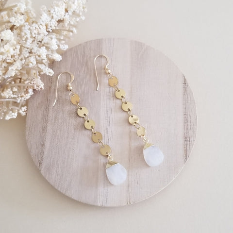 Long Gold Moonstone or Aquamarine Dangle Earrings, Modern Chain Earrings, Waterproof Jewelry