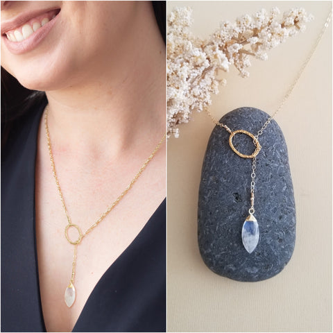 Custom Gold Gemstone Lariat Necklace, Modern Y Style Necklace