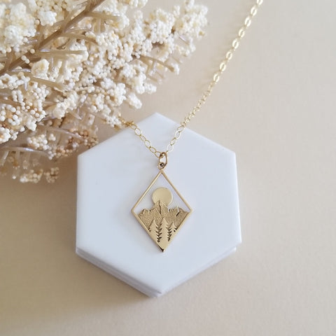 Gold Mountains and Sun Setting Pendant Necklace