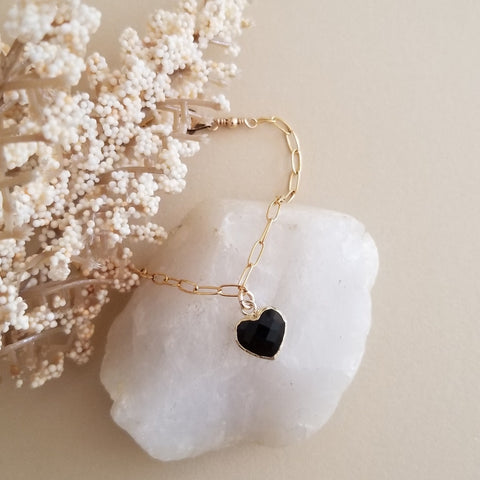 Gold Black Onyx Heart Charm Bracelet, Minimalist Jewelry for Women
