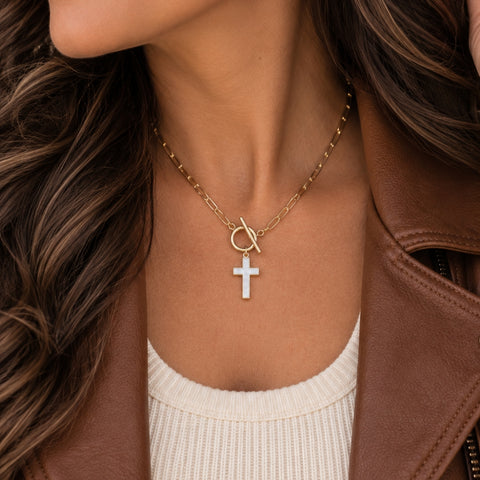 Gold Paperclip Chain Toggle Necklace with Mother of Pearl Cross Pendant