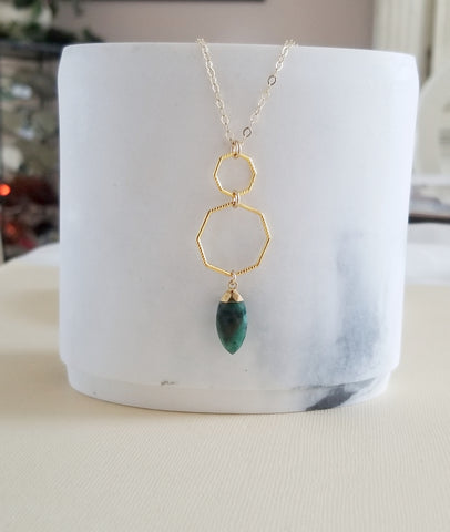 Emerald Necklace, Long Gold Pendant Necklace, Geometric Necklace, Gemstone Pendant, Emerald Jewelry, Statement Necklace, Handmade Jewelry for Women
