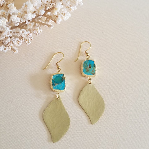 Hand Hammered Gold Turquoise Dangle Earrings