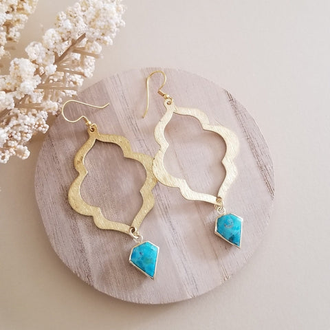 Gold Turquoise Earrings, Statement Earrings, Quatrefoil Earrings, Turquoise Dangle Earrings