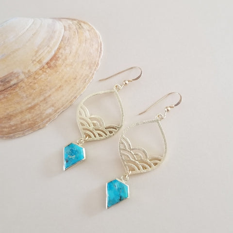 Gold Turquoise Dangle Earrings, Beachy Waves Design Earrings