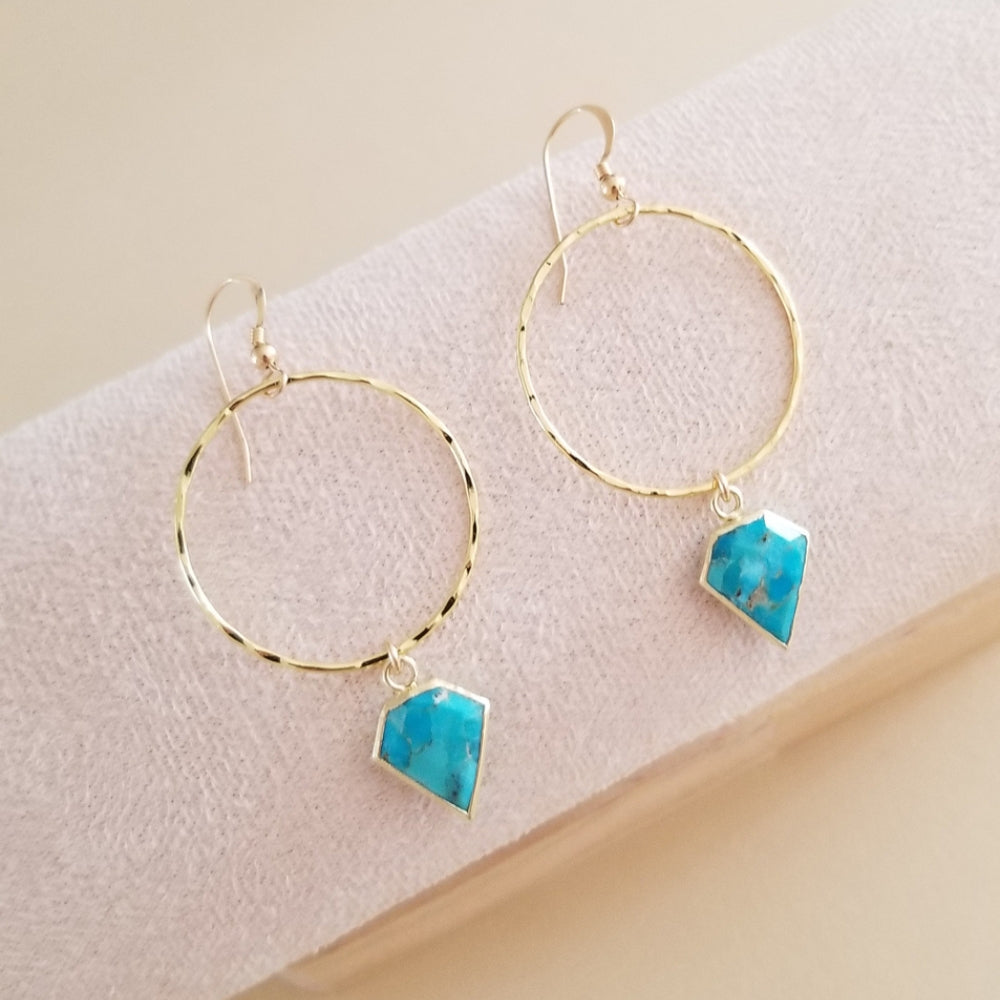 Medium Sized Gold Turquoise Hoop Earrings
