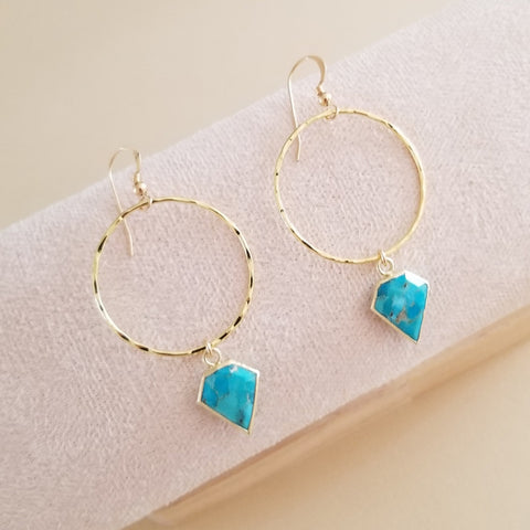 Medium Sized Gold Turquoise Hoop Earrings
