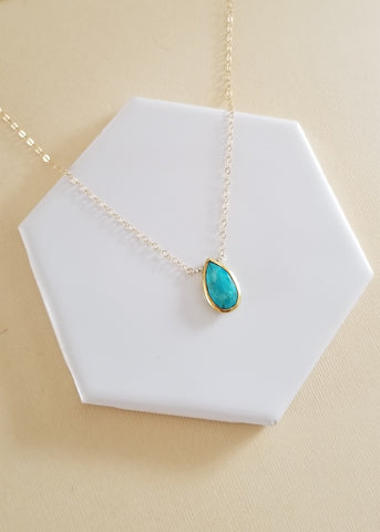 Gold Turquoise Teardrop Pendant Necklace, Layering Necklace