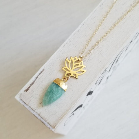 Gold Lotus Flower and Amazonite Pendant Necklace