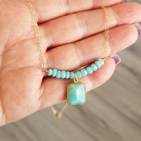 Modern Amazonite Necklace with Square Pendant on Dainty Gold Chain
