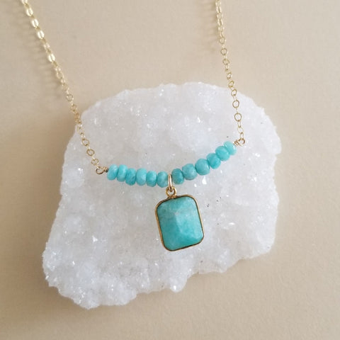 Handmade Amazonite Necklace with Square Pendant on Dainty Gold Chain, Gift for Her