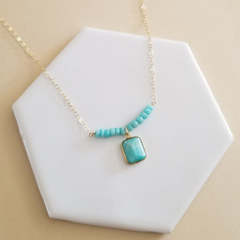 Modern Amazonite Necklace with Square Pendant on Dainty Gold Chain