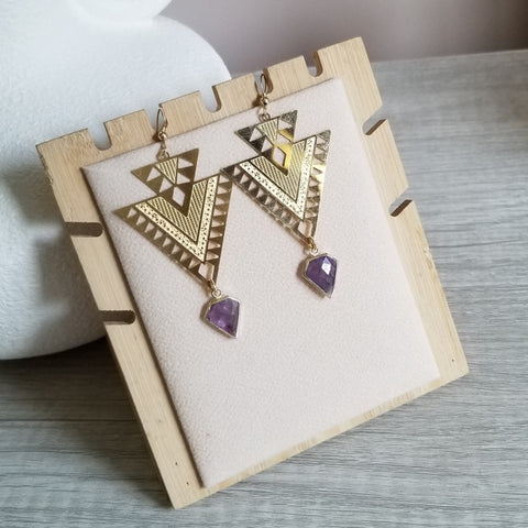 Gold Amethyst Triangle Earrings, Geometric Gemstone Earrings