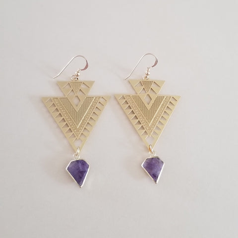 Gold Amethyst Triangle Earrings, Geometric Gemstone Earrings, Bohemian Stone Earrings