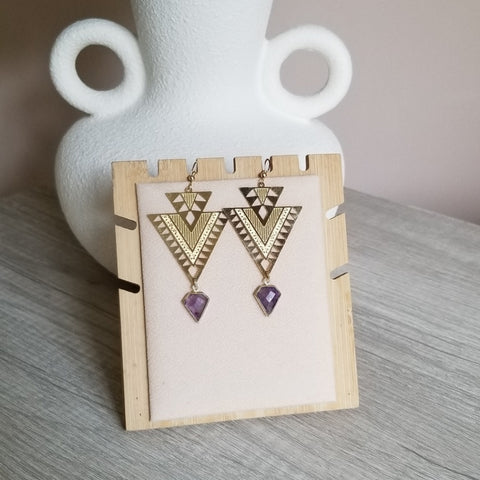 Gold Amethyst Triangle Earrings, Geometric Gemstone Earrings for women, Gift for Her