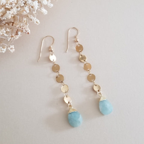 Long Gold Aquamarine Dangle Earrings, Modern Chain Earrings, Waterproof Jewelry