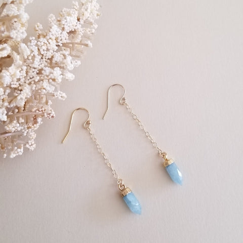 Gold Aquamarine Earrings, Dainty Long Chain Earrings with Aquamarine Spike Stone