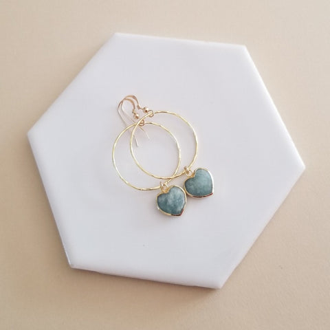 Gold Aquamarine Heart Hoop Earrings, Lightweight Hoops