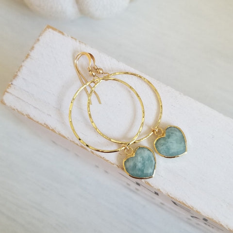 Gold Aquamarine Heart Hoop Earrings, Lightweight Hoops