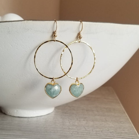 Gold Aquamarine Heart Hoop Earrings, Lightweight Hoops