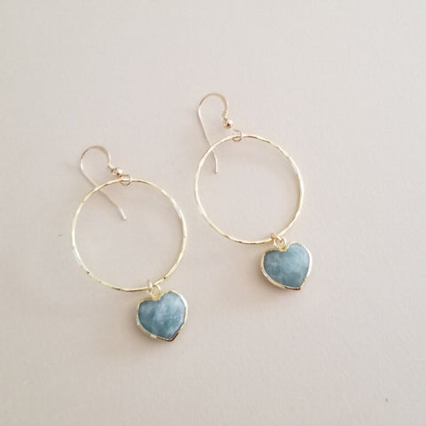 Gold Aquamarine Heart Hoop Earrings, Lightweight Hoops