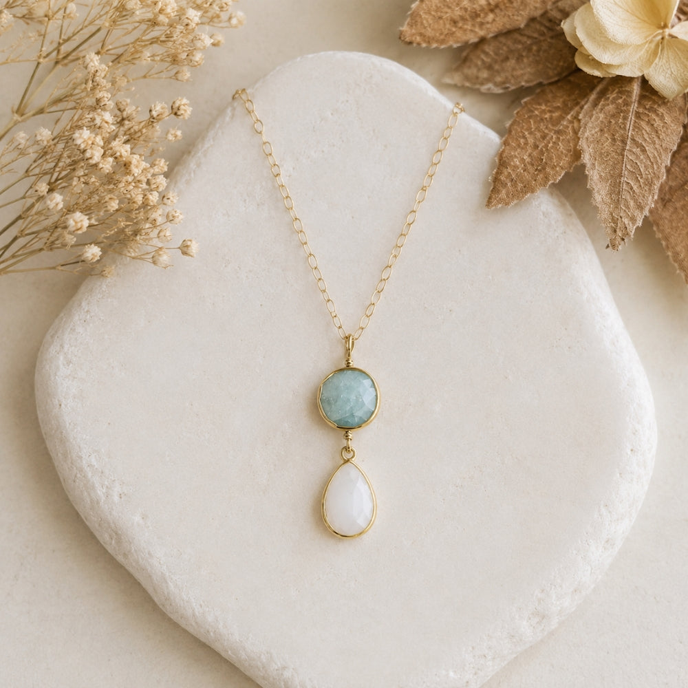 Aquamarine and Moonstone Pendant Necklace, Gold Filled Chain Necklace