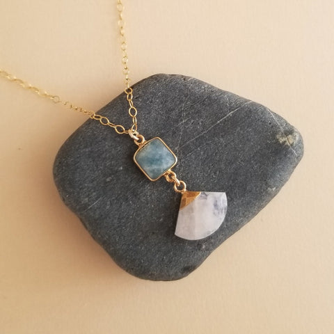 Aquamarine and Moonstone Pendant Necklace, Thin Gold Chain with Gemstone Pendant