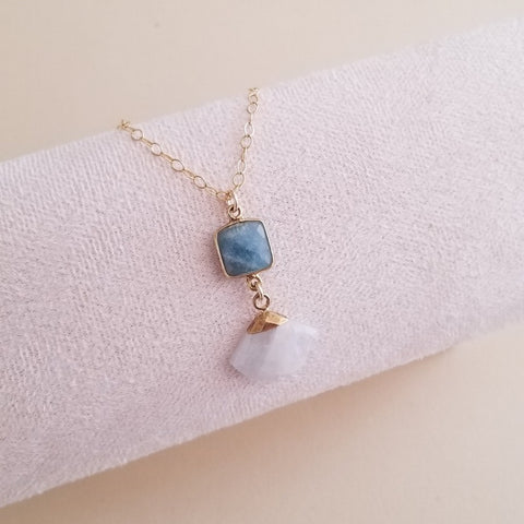 Aquamarine and Moonstone Pendant Necklace, Thin Gold Chain with Gemstone Pendant