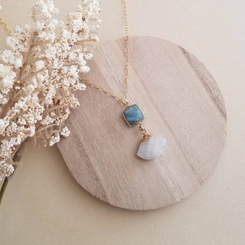 Aquamarine and Moonstone Pendant Necklace, Thin Gold Chain with Gemstone Pendant