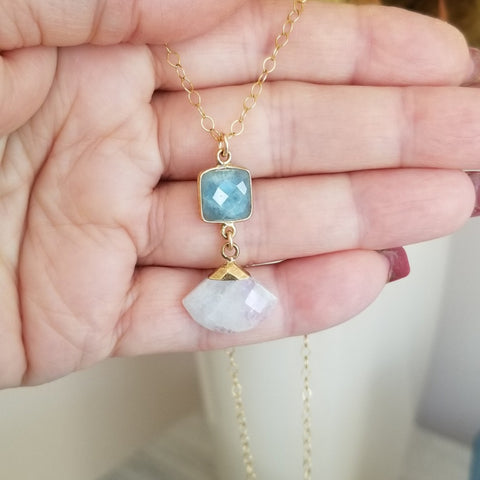 Aquamarine and Moonstone Pendant Necklace, Thin Gold Chain with Gemstone Pendant