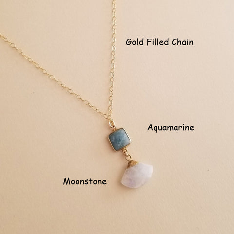 Aquamarine and Moonstone Pendant Necklace, Thin Gold Chain with Gemstone Pendant