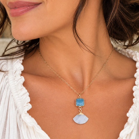 Aquamarine and Moonstone Pendant Necklace, Thin Gold Chain with Gemstone Pendant