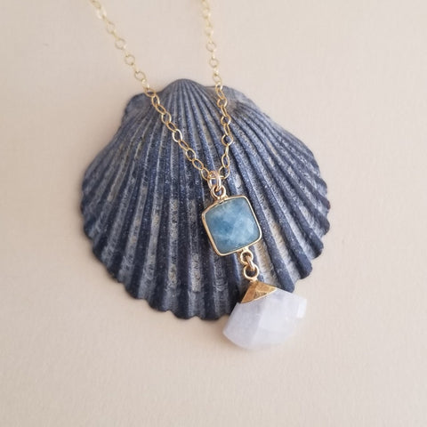 Aquamarine and Moonstone Pendant Necklace, Thin Gold Chain with Gemstone Pendant