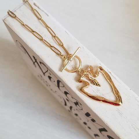 Handmade Gold Arrow Pendant Necklace, Waterproof Stainless Steel Front Toggle Necklace