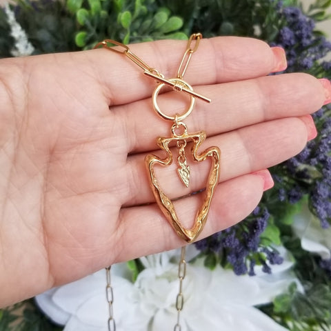 Gold Stainless Steel Front Toggle Arrow Necklace, Boho Arrow Pendant Necklace