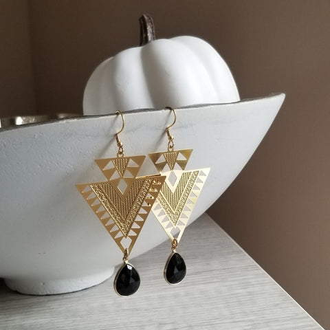 Gold Black Onyx Triangle Dangle Earrings for Women