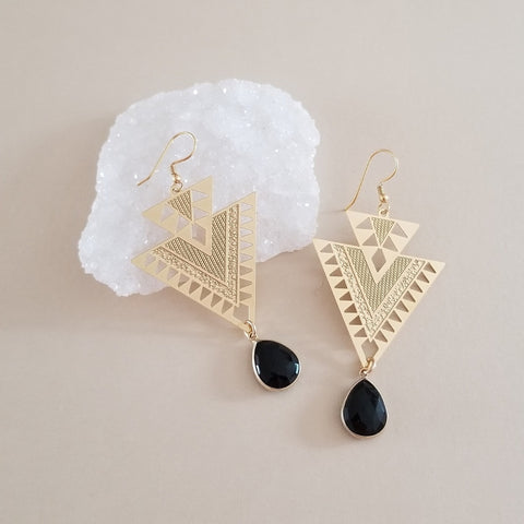 Gold Black Onyx Triangle Dangle Earrings for Women