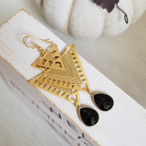 Gold Black Onyx Triangle Dangle Earrings for Women