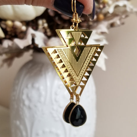 Black Onyx Earrings, Boho Gemstone Earrings, Triangle Dangle Earrings, Gold Geometric Earrings, Statement Earrings, Onyx Jewelry