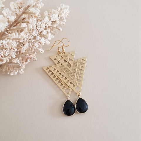 Black Onyx Earrings, Boho Gemstone Earrings, Triangle Dangle Earrings, Gold Geometric Earrings, Statement Earrings, Onyx Jewelry